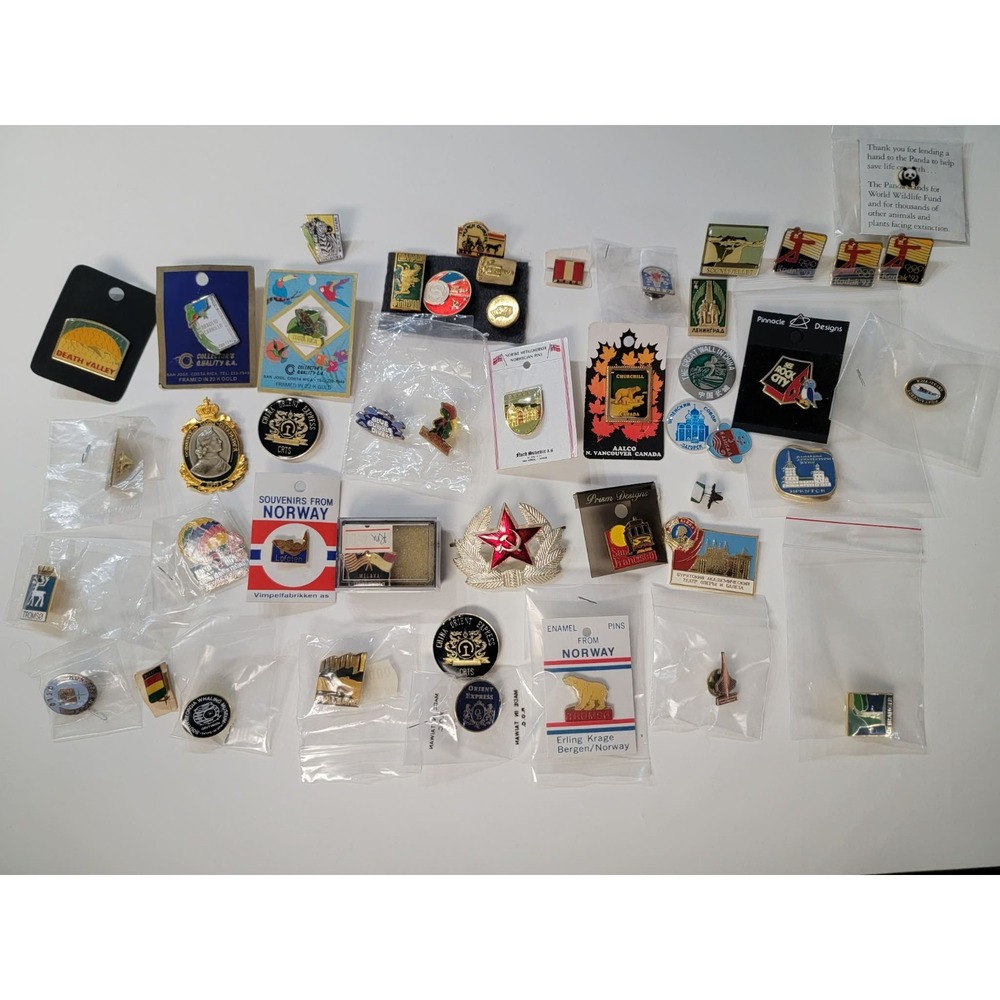 Vintage Souvenir Tourist Lapel Pin Lot 40+ International Pins Acrylic Cases